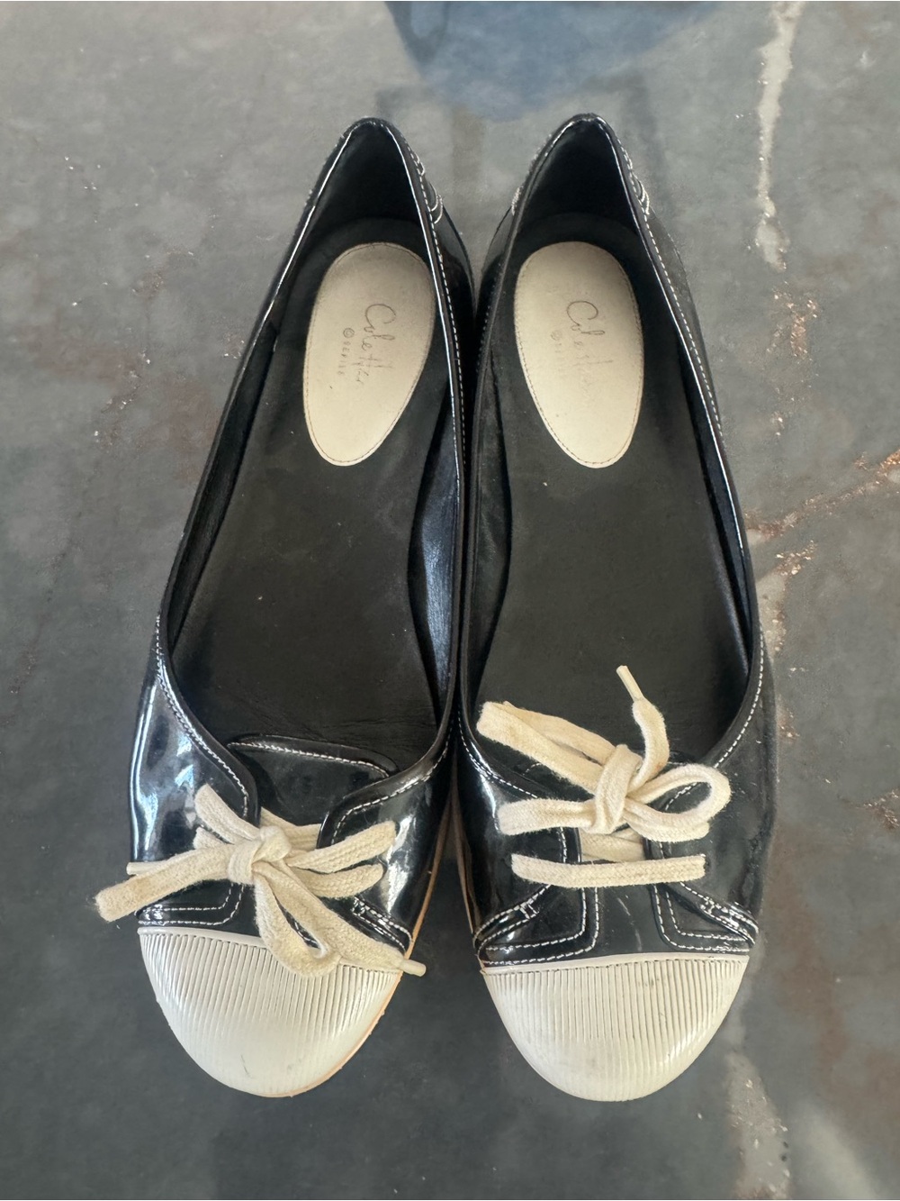 Cole Haan Black Patent Ballet Flats with Cream Cap Toe and Bow